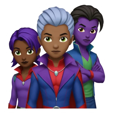 Solo poly platonic relationship, one African girl, one Asian boy, one biracial features Asian tomboy girl rat-tail hair long and upper masculine hair 90s, vampire and marvel cosplay elements inspired  use marvel race, like instead of obvious human, green purple blue etc,  sticker
