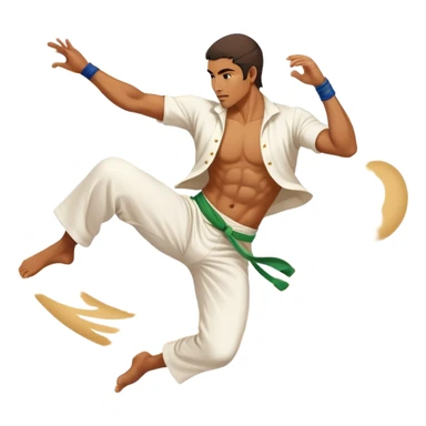 A Brazilian man as a capoeira fighter in mid-air performing a spinning kick, with Brazilian features, tan skin tone, wearing traditional white capoeira pants and a cord, vibrant and flowing pose, surrounded by motion swirls sticker