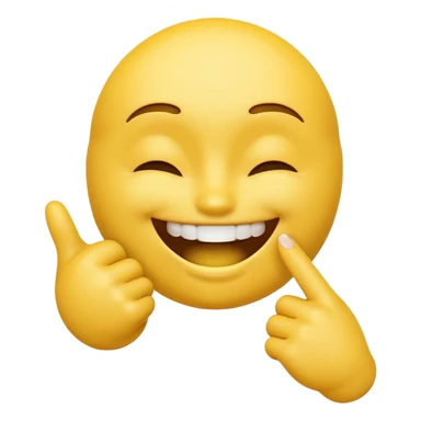Yellow 3D emoji face, closed smiling eyes, wide toothy grin, one hand with index finger touching the mouth, playful flirty expression, clean emoji style. sticker