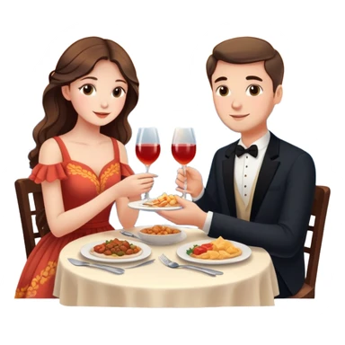Elegant girl with a beautiful flowy dress and man eating dinner together in Montenegro sunset holding hands  sticker