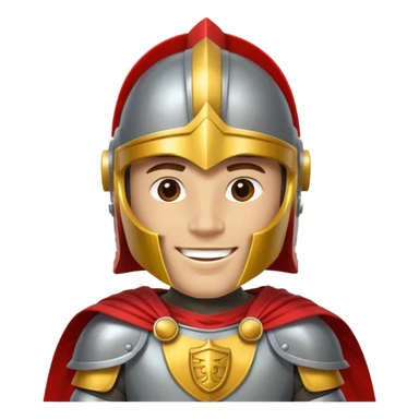 A friendly Trojan warrior mascot with a large cartoon-style head, wearing a silver helmet with a red crest and black cheek guards. confident smile. The character wears dark armor with metallic details and a bright yellow cape sticker
