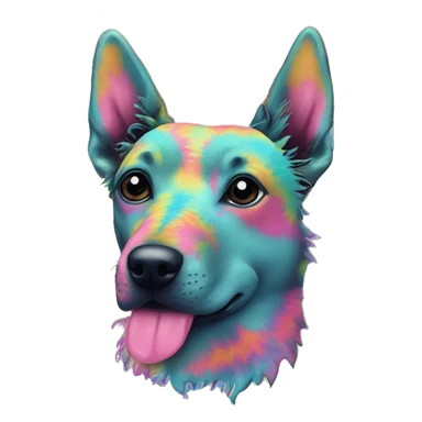 Multicolored rainbow retro groovy tie dye hippie trippy floral patterns on a metallic holographic iridescent blue dog face head unicorn sticker