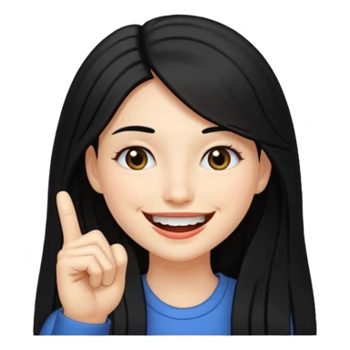 Haz una imagen de una mujer con cabello negro largo , con una sonrisa en su cara y la punta de su dedo indice entre sus dientes sticker