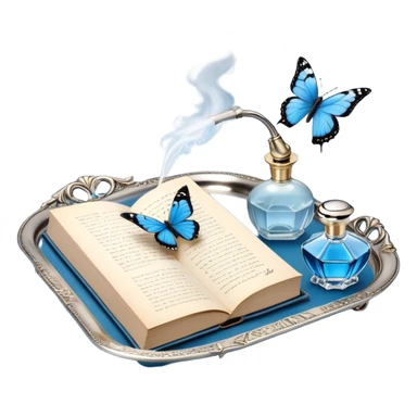 A silver-plated tray with an intricate floral pattern holds an open book of poetry, a folded love letter, and a vintage perfume bottle with a golden atomizer. A single blue butterfly is captured mid-flight, adding a touch of quiet magic to the scene. sticker