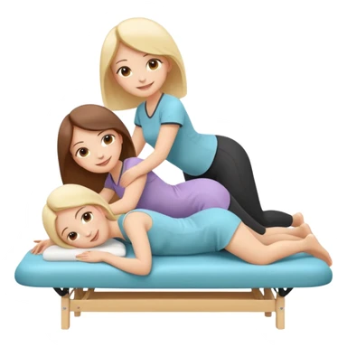 A cute emoji-style illustration of a girl lying on a massage table during a relaxing massage session, while another girl gently gives her a back massage. Soft colors, peaceful atmosphere, simple rounded emoji-like shapes, friendly and wholesome. sticker