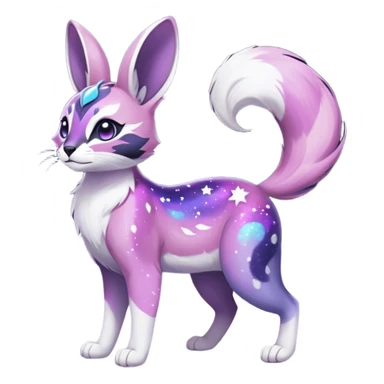 Colorful black-violet-indigo-purple-pink-gradients nebulae nebula white stars-sparkles-markings galactical shiny white-stars-patterned glorious iridescent divine exotic cute cool beautiful realistic Meloetta-caracal-civet-sergal-bunny-oncilla-animal-Fakémon-hybrid-fursona (full body) sticker