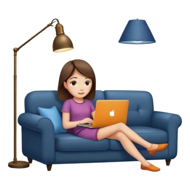 A girl is working with a laptop while lying on a sofa, with a floor lamp to the right. sticker