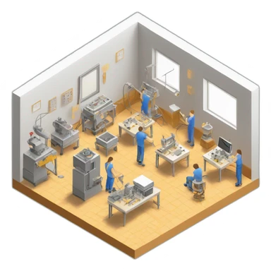 isometric square transparent solid outline border containing indoor creative workshop handmade factory people actively working cnc machine simple clean sticker