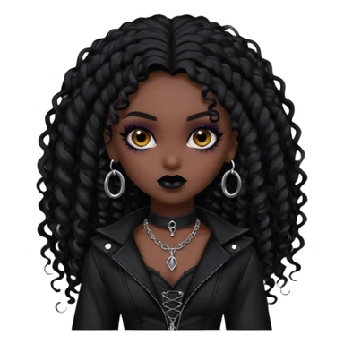 dark skin, goth bratz baddie, beautiful brown eyes, gothic black makeup, long black curly hair, black gothic hair styled, black goth clothes sticker