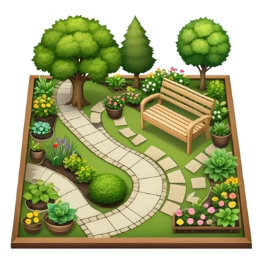 Icon for Landscape Design: a garden layout with trees, plants, pathways, and outdoor furniture, along with design tools like a ruler, pencil and sketchpad. The icon should represent the creativity and planning behind landscape design. Transparent background. sticker