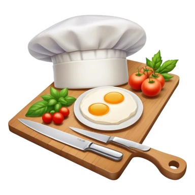 A photorealistic icon featuring a chef's hat, a cutting board with fresh ingredients, a knife, and a plate with a well-plated dish. Bright, detailed design with realistic textures and lighting. Transparent background, clearly symbolizing cooking and culinary arts. sticker