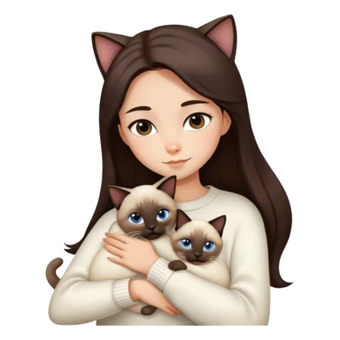 a girl with long dark brown hair, in a white sweater, hugs a Siamese cat sticker