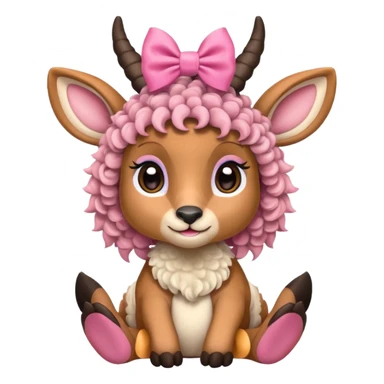 cute gazzelle with curly fur, sitting down, wearing a pink bow on its head. Realistically  sticker