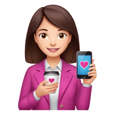 Social media manager. She has dark brown hair, brown eyes, a friendly smile. She is holding a smartphone and a coffee cup. Include subtle marketing elements like small icons of hashtags or a speech bubble with a heart, instagram logo. Use vibrant colors with a focus on pink and fuchsia tones. sticker