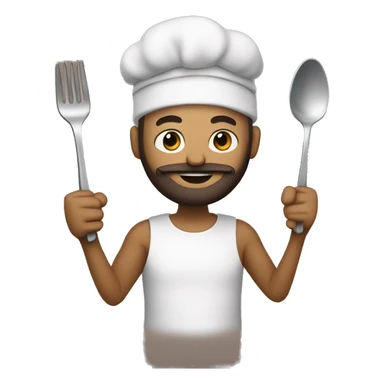 My bitmojie holding a fork and spoon with a beard sticker