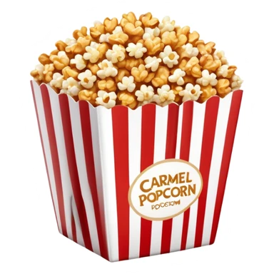 caramel popcorn in a large red and white vertically striped package, thick bold stripes, golden brown caramel popcorn, minimalist design, no text or additional elements on package, only thick red and white stripes pattern, glossy iOS emoji style sticker