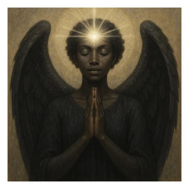 a serene black angel with hands together in prayer, radiant third eye emitting light sticker