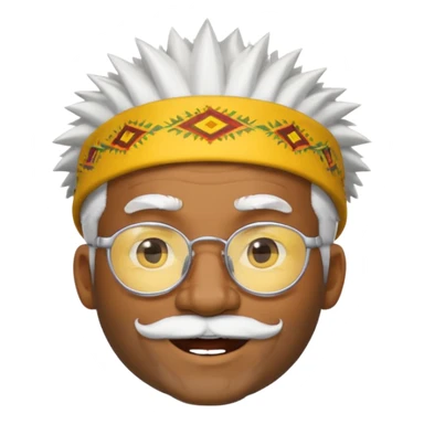 50 year old man, spiky hair, winking one eye, smiling brightly, black skin, raised eyebrows, wearing glasses, white hair and beard, wearing a yellow hat like a tribal chief, emoji style, style 4 sticker