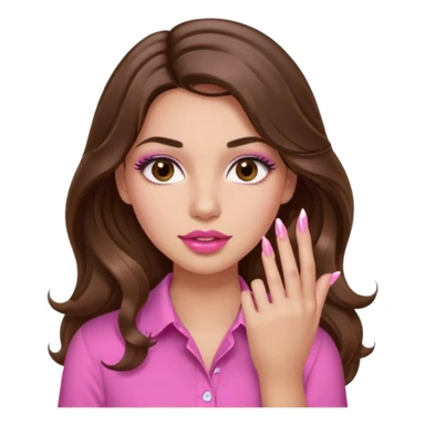 girl with long wavy brown hair, brown eyes, light to medium complexion, in a pink shirt, pink lips, long lashes, puckered lips,  showing  finger nails sticker