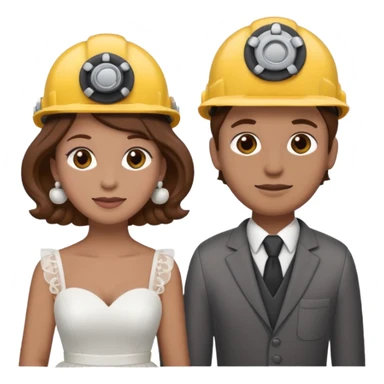 bride and groom couple, both with brown hair, bride has curlers in her hair, both wearing construction helmets and flats, emoji style sticker