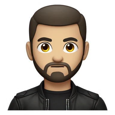young man with very short dark brown hair and beard,buzzcut,  cool outfit, black leather jacket and black shirt underneath, evil look, angry look, very angry sticker