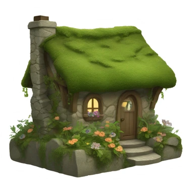 A cozy fantasy cottage made of stone and wood, covered in moss, vines, and flowers sticker