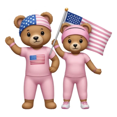 A light brown teddy bear wearing light pink clothes with a US flag print, and another with a Pilates band on its head and wearing sportswear. sticker