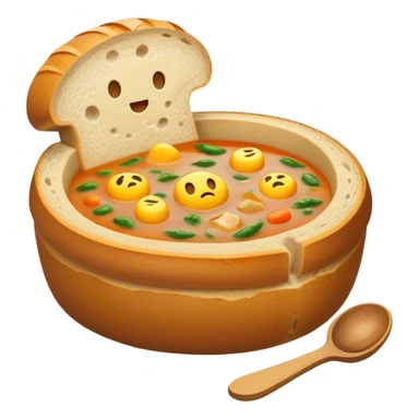 Żurek Cinematic Realistic Żurek Soup Dish Emoji, depicted as a tangy rye soup served inside a hollowed-out round loaf of bread, rendered with rich textures and dynamic, comforting lighting. sticker