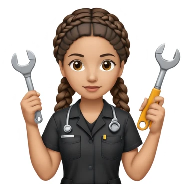 A 40-year-old Latina woman with light brown skin, working as a car mechanic, wearing all black mechanic scrubs, with two braids pulled back from her head sticker