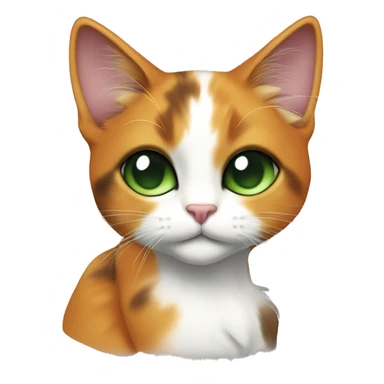calico cat with green eyes.  a di black pattern around her eyes, The orange fur on her face extends from her forehead down to her mouth, creating a. Her chest and front legs are mostly white, sticker