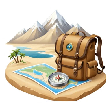 Icon for Expeditions: a compass, a map, a backpack and a rugged expedition jeep, set against a backdrop of snowy mountains, sand dunes and tropical islands. The icon should capture the spirit of adventure and exploration in diverse landscapes. Transparent background. sticker