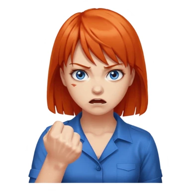 A woman with dark orange hair and bangs, blue eyes, an asmr streamer, angry, clenching his fist sticker