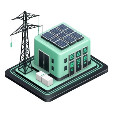Énergie (Energy), 3D technical icon with black and mint green (#B5F4D3), energy regulatory framework with power grid schematics and compliance metrics sticker