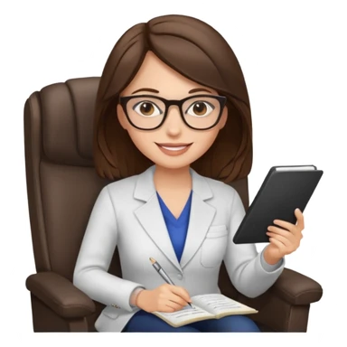 female therapist, brunette, brown eyes, light skin, sitting in a chair with notes, wearing glasses sticker