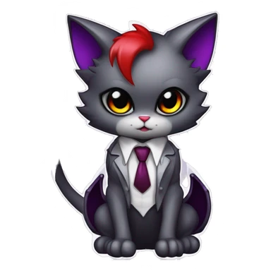 Anthro-Cute-Edgy-Vampiric-Batty-Cat-Black-Purple-Red-Grey-White-Yellow-Contrast-Colors-Fantasy-Fur-Sona-Chibi-Shiny-Fakémon-Hybrid with horns and big fangs, neck tie, leg spats full body sticker
