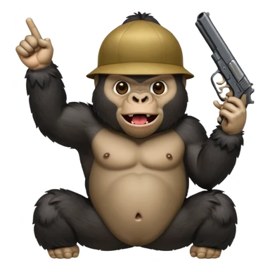 A gorilla holding a gun in the air making a silly face sticker