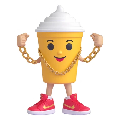 3D cartoon character of a Styrofoam cup of lean (purple drank), with a friendly face, arms, a gold chain, and Jordan sneakers, simple style sticker