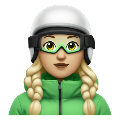 Green-eyed, fat female skier with medium-length straight blonde hair no curls, snow goggles on top of helmet, white ski helmet, gray snow jacket, green ski gloves, long black pants rolled up at the bottom, black only snow boots standing tall. sticker