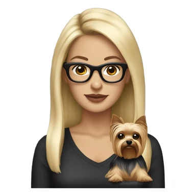 Beautiful white woman, long blonde hair and black glasses holding Yorkshire terrier sticker