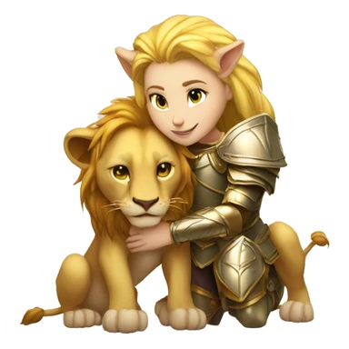 A lion leonin with golden armor hugging a female blonde elf  sticker
