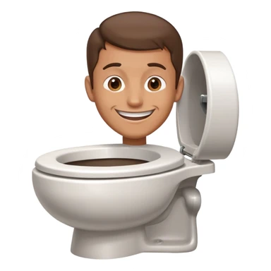 a toilet with a guy's head sticking out of the bowl. he has a big smile and thin brown hair sticker