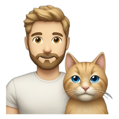 white man with beard dark hair blue eyes with a big fluffy beige cat sticker