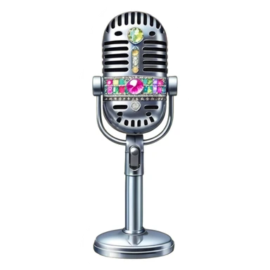 Create a glamorous and vibrant emoji representing stage vocal performance. The design should feature a classic vintage microphone at the center, surrounded by humanless an eye-catching stage costume covered in rhinestones, sparkling brightly. The costume should be stylized, with glittering elements like sequins and sparkles, and reflect the glitzy, extravagant nature of show business. The microphone should have a sleek, retro look with chrome or metallic accents. Use rich, dazzling colors like gold, silver, deep purple, and bright red to evoke the glamorous, larger-than-life feel of a stage performance. The background should be transparent. sticker