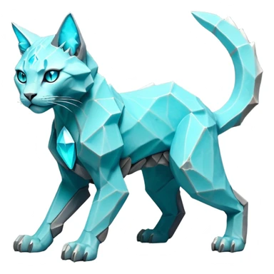 This fascinating hybrid creature combines the rocky ferocity of Boulderbite with the mystical elegance of Etherfeline. The result is a creature with a core body composed of angular, faceted stones in varying shades of turquoise and gray. From the cracks between these stones emanates a soft blue ethereal glow. It has the general shape of a feline, but with crystalline rock formations creating its limbs and body. Its large, expressive eyes feature purple irises with amber outer rings, giving it a hypnotic gaze. The creature sports pointed ears lined with purple crystal formations, and a tuft of blue flame-like energy flows from its head and along its spine. Its tail is a flexible chain of smaller rocks wrapped in the same ethereal blue energy. When it opens its mouth, sharp crystalline teeth are revealed, though its expression is more mysterious than threatening. Small whisker-like energy tendrils extend from its muzzle, occasionally emitting tiny ice crystals. full body sticker
