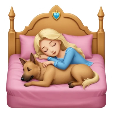 White Belgian shepherd dog with Brown eyes sleeping On a Princessbed with a blonde lady with blonde hair sticker