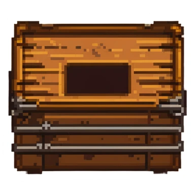 Flat 2D wooden crate with metal reinforcements, color #c2410c with darker wood grain, visible wood grain texture, metal bands across the crate, no perspective, flat 2D appearance, breakable look, simple warning symbol, 32x32 pixels sticker