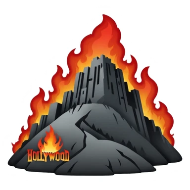 Minimalist emoji-style sticker of a silhouette of the Hollywood hill with ruined “HELLWOOD” sign, smoke and flickering flames in desaturated red

 sticker