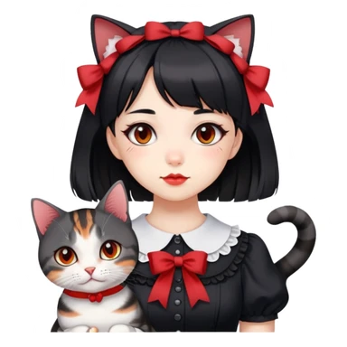 girl wearing black Lolita style dress, with medium-length black hair with red tips, and an American Shorthair tabby cat sticker
