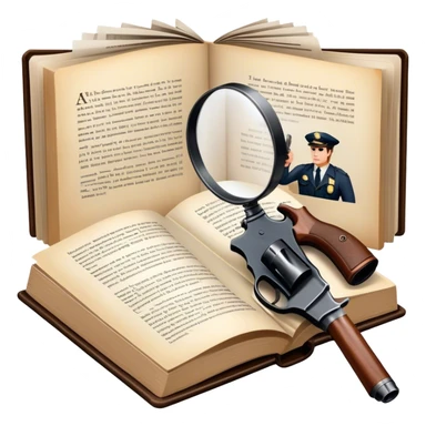Icon for Action & Crime Reading: an open book with action-packed scenes on the pages, including detectives, chase scenes, and suspenseful moments. Add a gun, handcuffs, and a magnifying glass, while keeping the book as the main focus. Transparent background. sticker