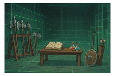 A virtual simulated training environment for combat drills, configured with swords, daggers, axes, maces, halberds, bow and arrows, and shields, as well as spell books and potions  sticker